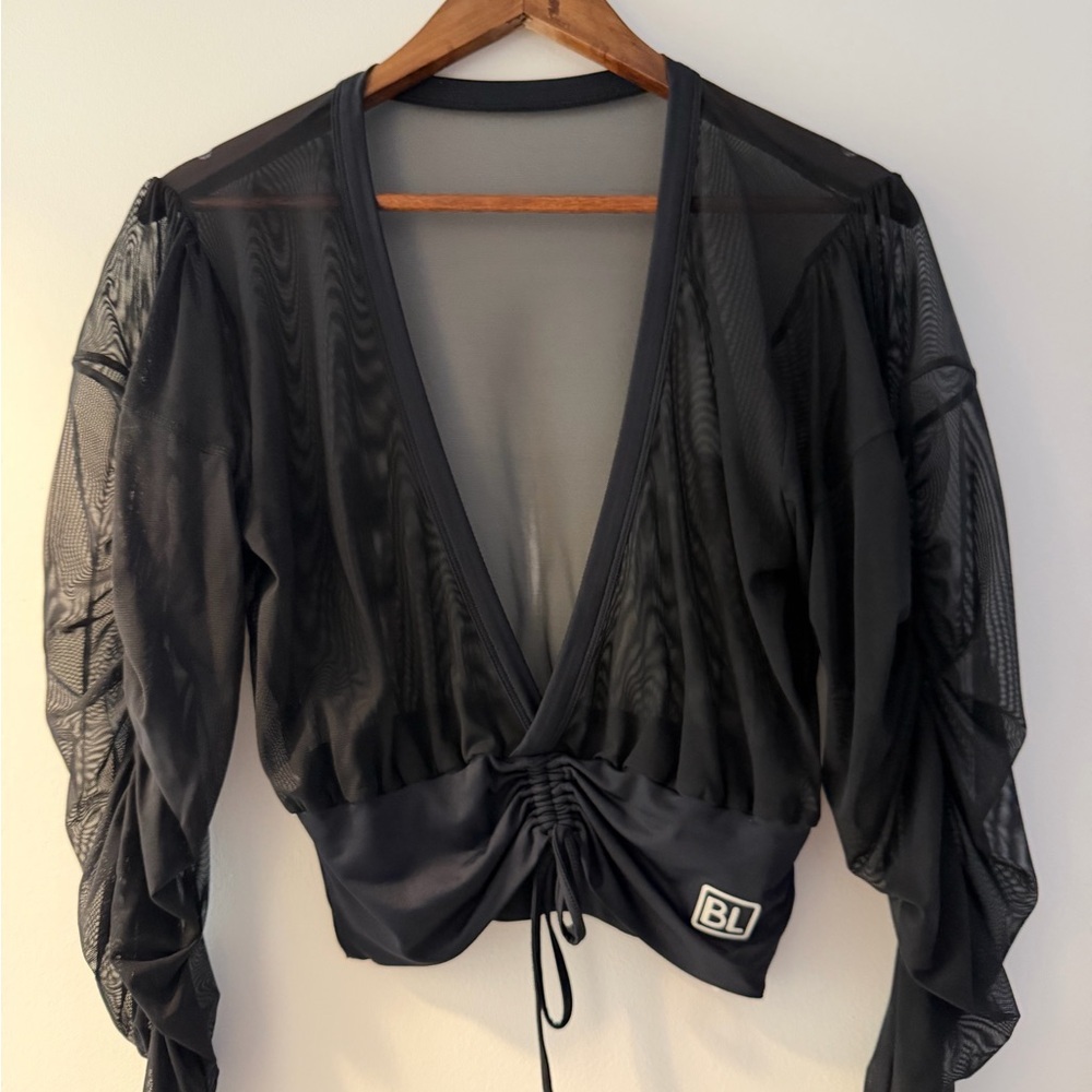 Black Sheer V-Neck Top with Drawstring